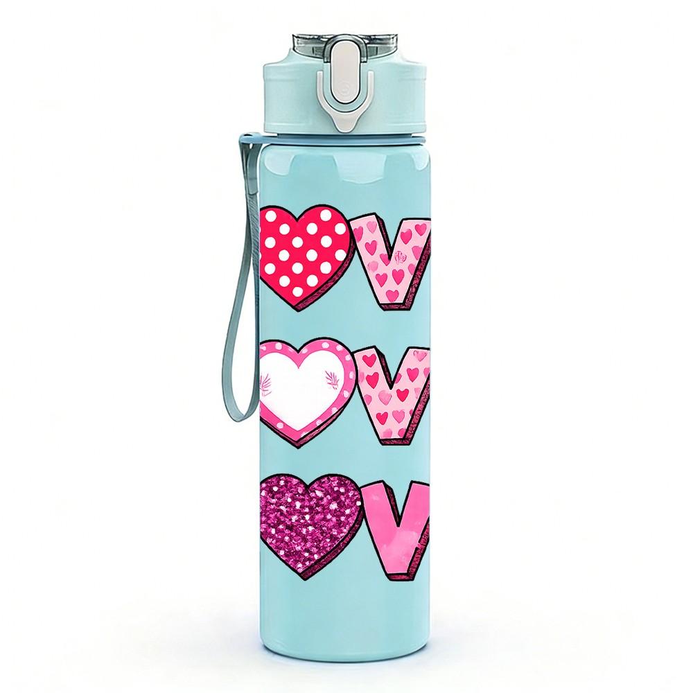1PC Love Love Heart Text 750ml Color Plastic Sports Water Bottle Leakproof Flip Straw Lid Suitable for Sports Office Home Use