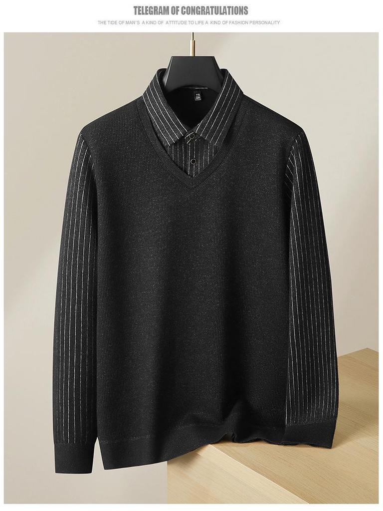 Fat Brother 2025 Men's Faux Two-Piece Long Sleeve Warm Sweater, Plus Size Loose Knitwear for Autumn/Winter