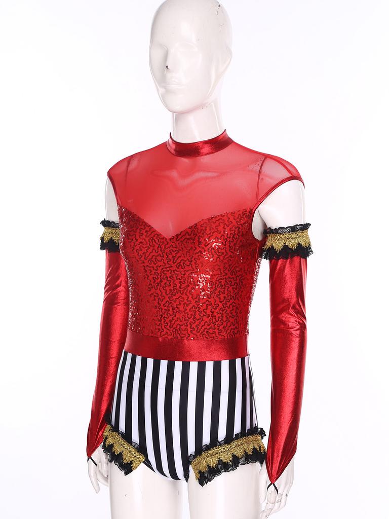 Adult Circus Ringmaster Bodysuit Sequined Patchwork Ruffled Hem Leotard and Metallic Gloves for Halloween Dress Up Party