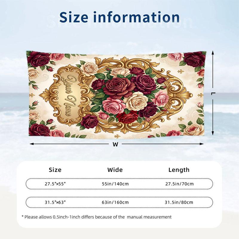 Roses Elegance Theme Quick Dry Beach Towel Custom Name Text Print Large Sand Resistant Towel Beach Vacation