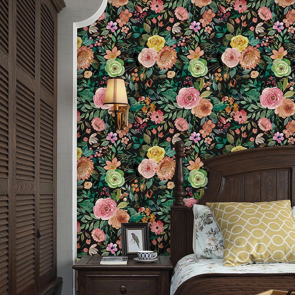 Elegant Green Leaf and Pink Floral Wallpaper Self-adhesive Home Decor Blooming Floral Wall Mural Peony Roses Wallpaper