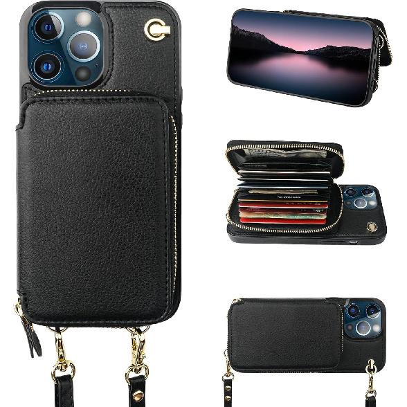 Bocasal Crossbody Wallet Case for iPhone 13 Pro Max, RFID Blocking Leather Purse Case with Card Holder, Protective Handbag Flip Cover with Zipper