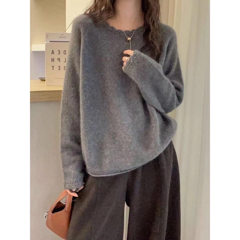

Women s Cashmere Round Neck Lace Trim Sweater - Autumn/Winter, Versatile Slim Fit Knitwear Top One Size сірий колір
