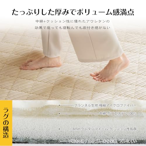 Keusnix Thick Quilted Rug, Approximately 2 Tatami Mats (185x185cm), Heat-Retaining Filling with Cushioning Polyurethane, Non-Slip, Washable, Antibacte