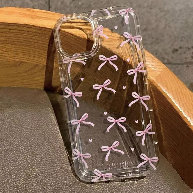 Cute Pink Heart Bow Pattern Clear Phone Case For iPhone 17 16 15 14 11 Pro Max Plus 13 12 16E 17 Air Soft Bumper Cover