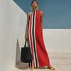 Women's new European and American casual vacation style blended dress contrasting color printing round neck sleeveless long dress