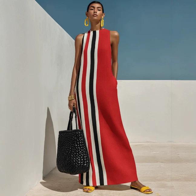 Women's new European and American casual vacation style blended dress contrasting color printing round neck sleeveless long dress