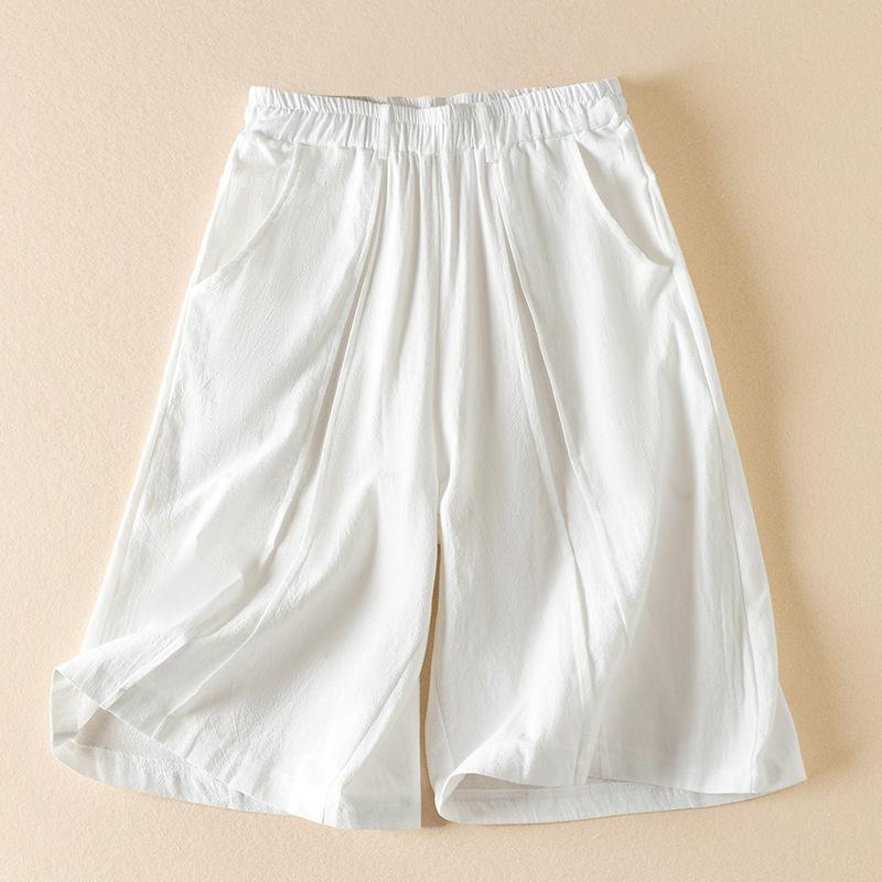 Real shot summer new cotton and linen high waist casual and thin solid color wide leg five-point medium pants women