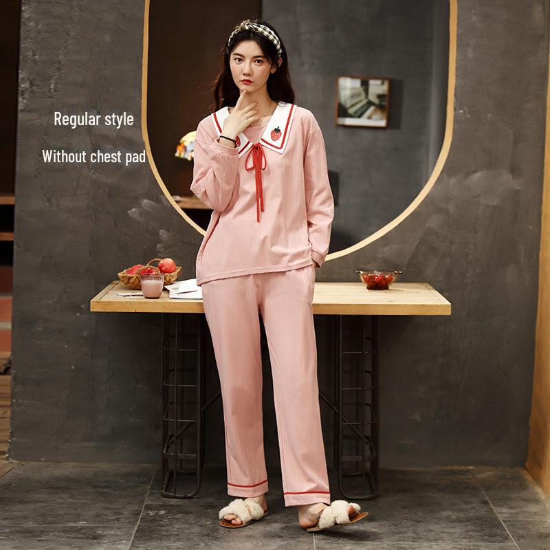 Women's Pure Cotton Long-Sleeve Pajama Set with Chest Pads - Large Size, Spring/Autumn 2025
