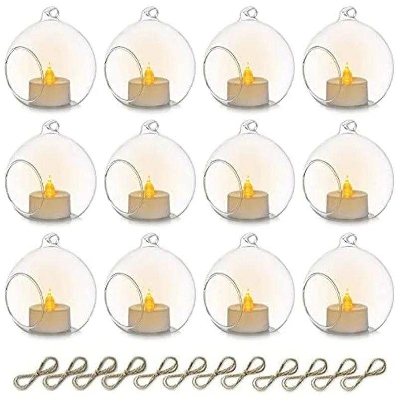 M-Modern-12PCS Round Hollow Glass Hanging Stand Candle Holder Wedding Art Decoration Table Lantern With Electronic Candles