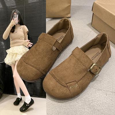 Damen Weite Wildleder Ballerinas Frau Schnalle Runde Zehe Slipper Mokassins Mittelhoher Absatz Damen Flock Loafer Marke Luxus Zapatillas De Mujer