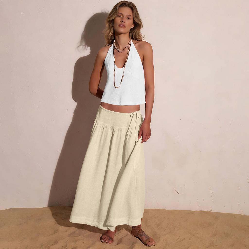 Women's Ruffled Spring Casual Long Skirt Plain Color Skirt Retro Pleated Skirt