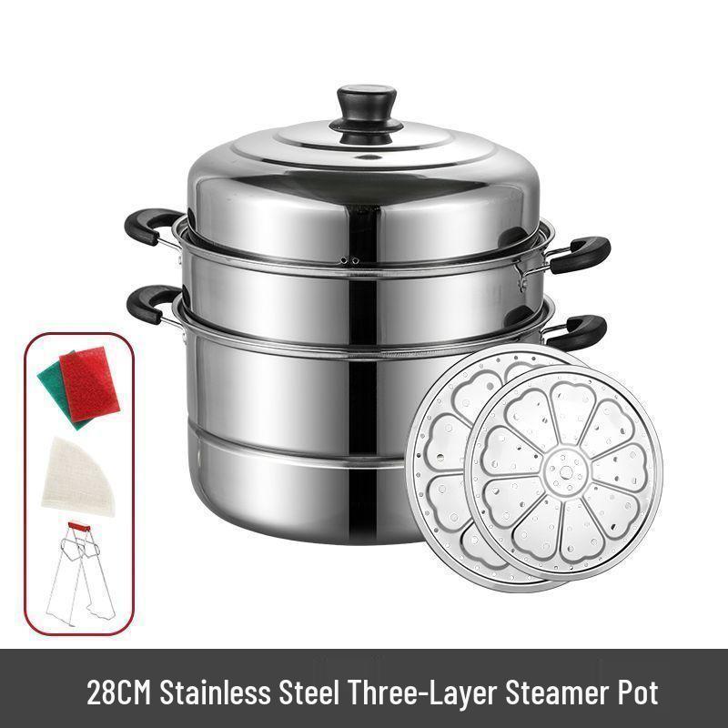 Thickened Stainless Steel Multi-layer Steamer Pot for Household Use - Suitable for Induction & Gas Stoves
