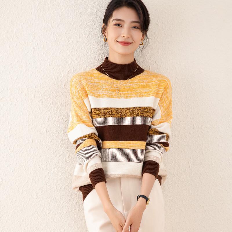 TUHUANG Women's Retro Striped Color Block Thickened Pure Wool Semi-High Neck Sweater