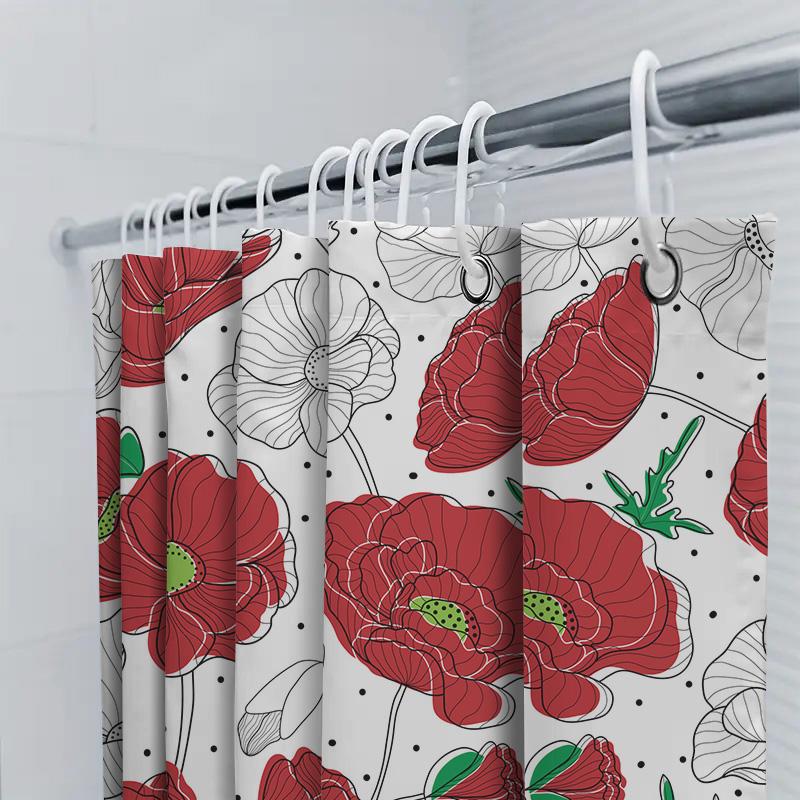 Waterproof Bath Curtains with Floral Print featuring Red Poppies and Green Leaves Decorative Shower Liners for Bathroom Decorati
