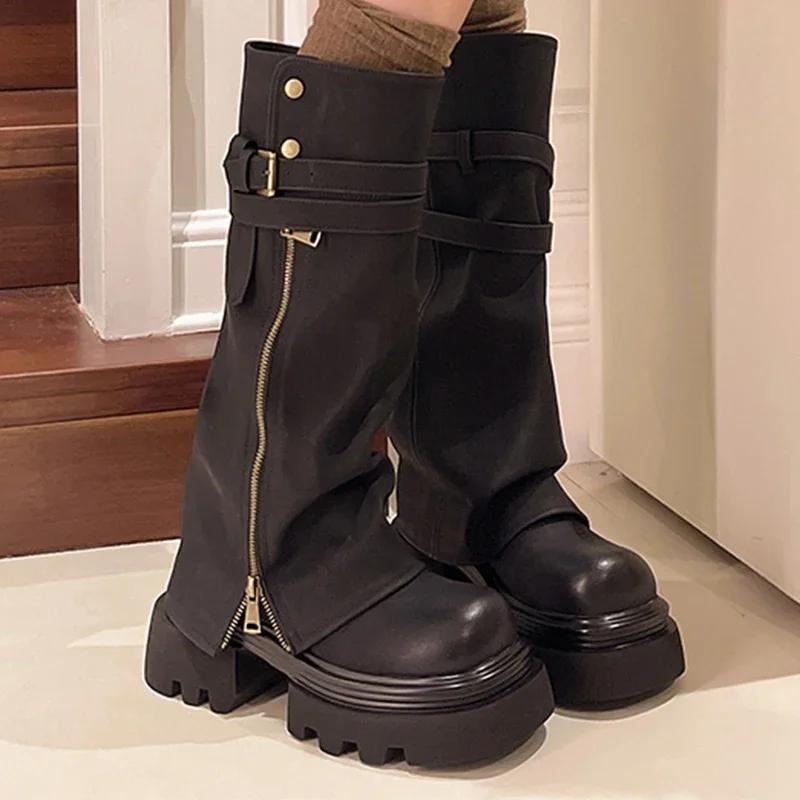 Platform Women High Boots High Heels Chunky Fashion Leather Shoes Woman 2025 Trend Winter Elegant Sexy Femme Motorcycle Boots