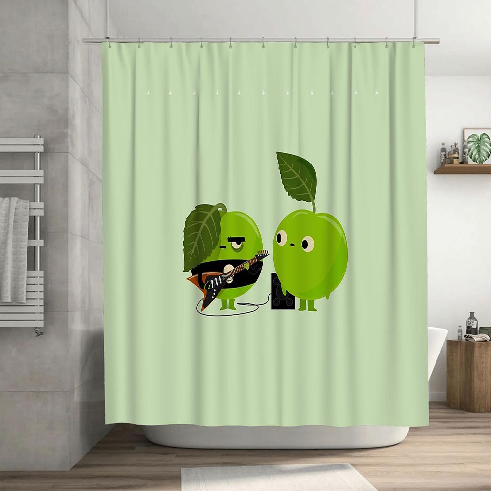 Funny Guitar Apple Shower Curtain Cute Fruit Music Lover Bathroom Decor Set Waterproof Washable Artistic Home Decor