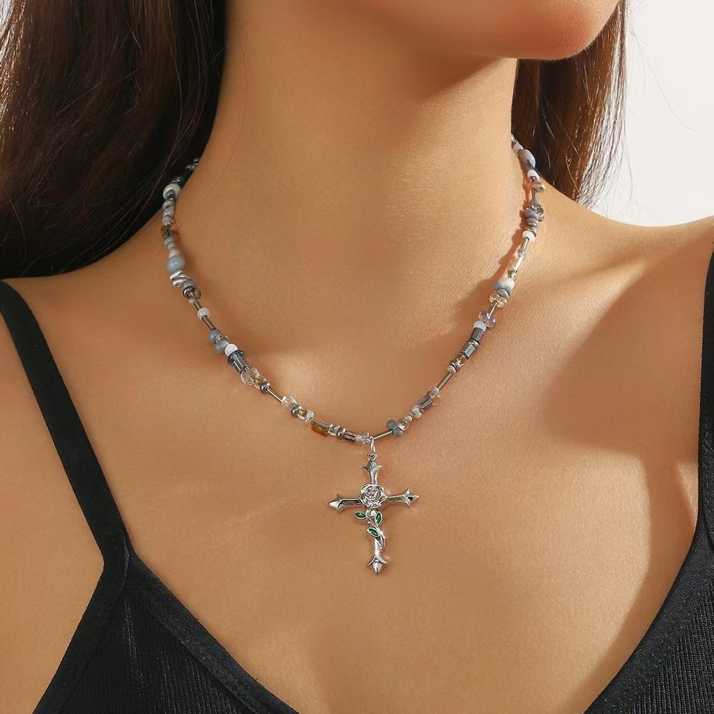 European and American Jewelry Gothic Cross Multi-layer Beaded Necklace Heavy Industry Versatile Medieval Niche Collarbone Chain Women