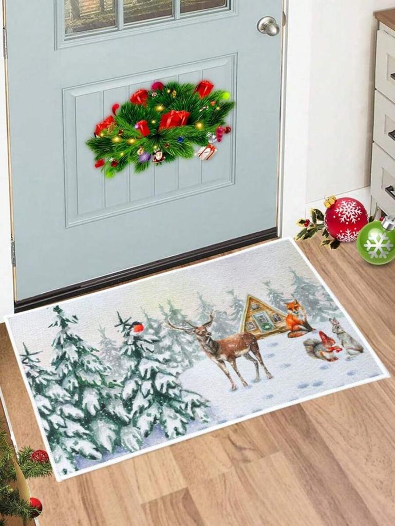 VIKAMA Christmas Crystal Velvet Floor Mat Washable Entry Welcome Door Mat Kitchen Living Room Carpet Home Christmas Decoration