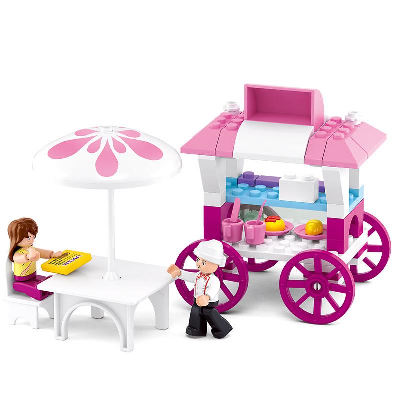 Non-Toxic Sluban 0155 Children Princess Pink Dream Snack Car Model Figure Blocks Educational Construction Building Bricks Toys For Children