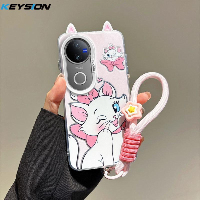 KEYSION Cute Ear Cartoon Case for VIVO V50 5G with Lanyard Soft Silicone+PC Shockproof Phone Back Cover for VIVO V50