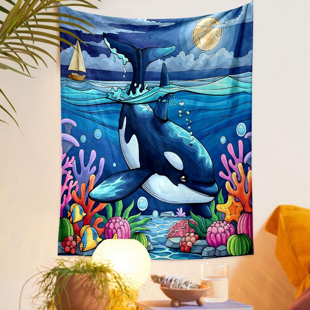 Orca In Colorful Underwater Scene Patterned Tapestry Decorative Wall Hanging, Home Bedroom Living Room Decor