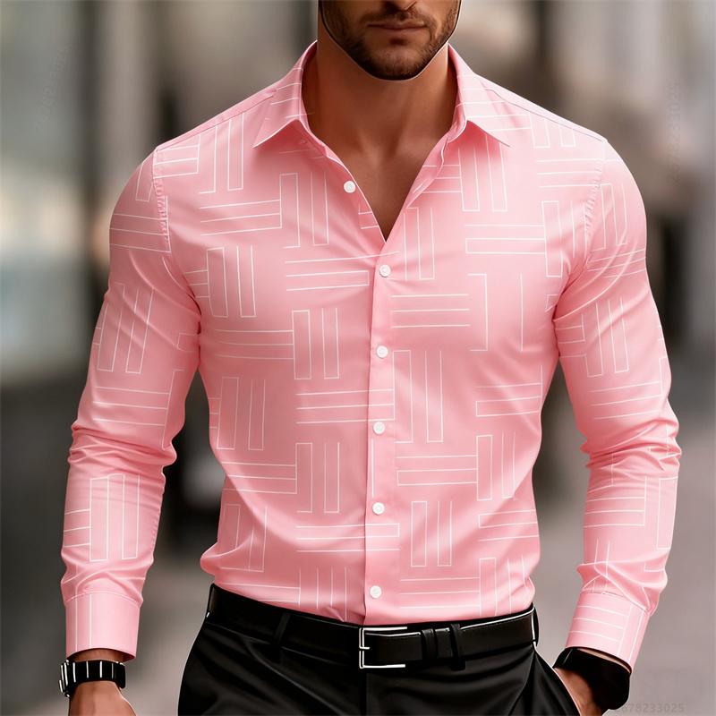 Men's Casual Long-Sleeve Slim Fit Black Geometric Pattern Breathable Versatile Formal Shirt Fashion Outdoor Men's Top