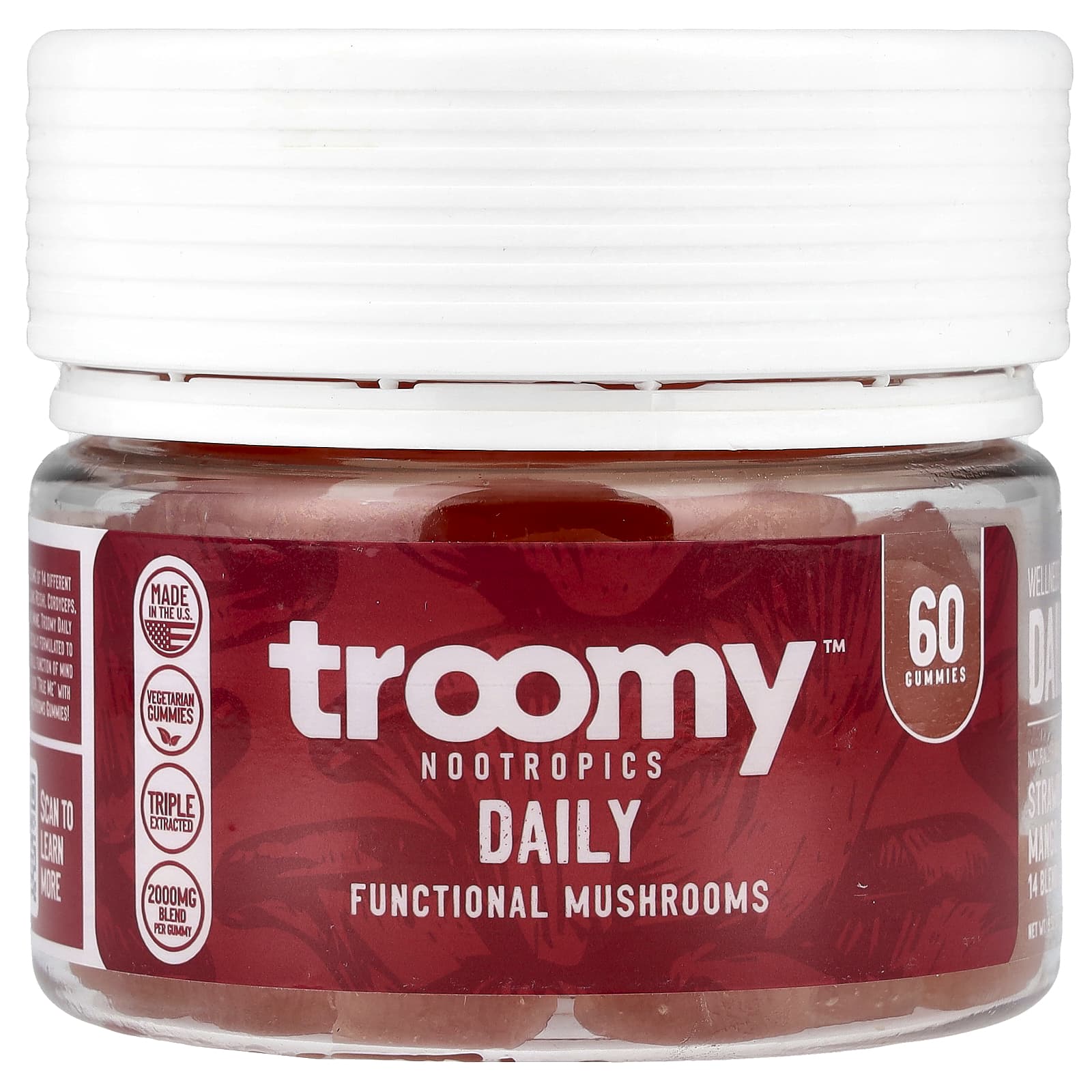 

Troomy Nootropics, Daily, Functional Mushrooms Gummies, Strawberry Mango, 60 Gummies, 9.52 oz (270 g)