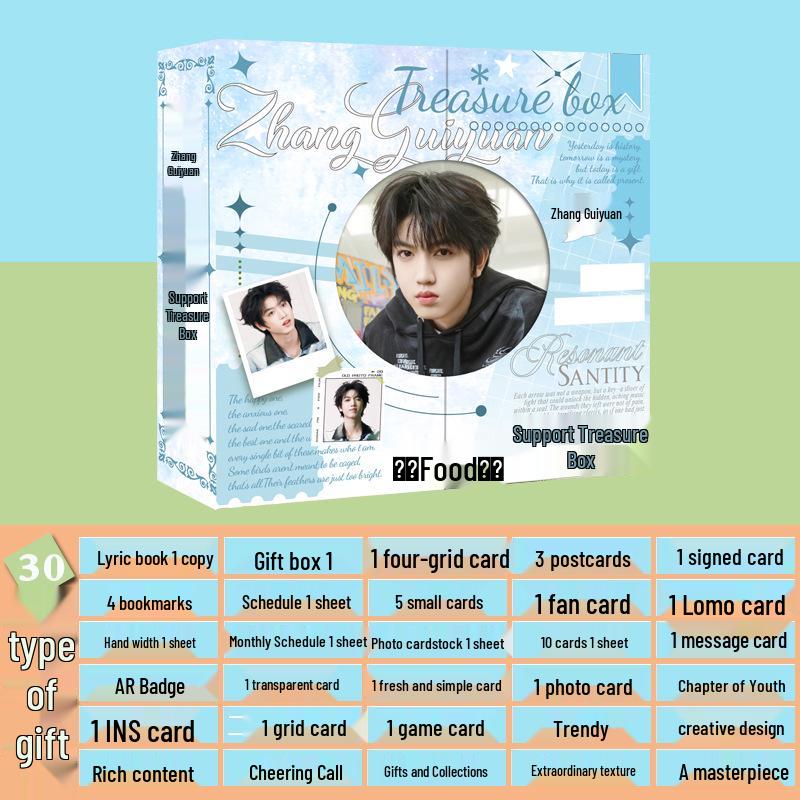 Zhang Guiyuan Gift Box: AR Badge, Clear Card, Lyric Book, Bookmark, Small Cards, Banner & 30 Celebrity Gifts.