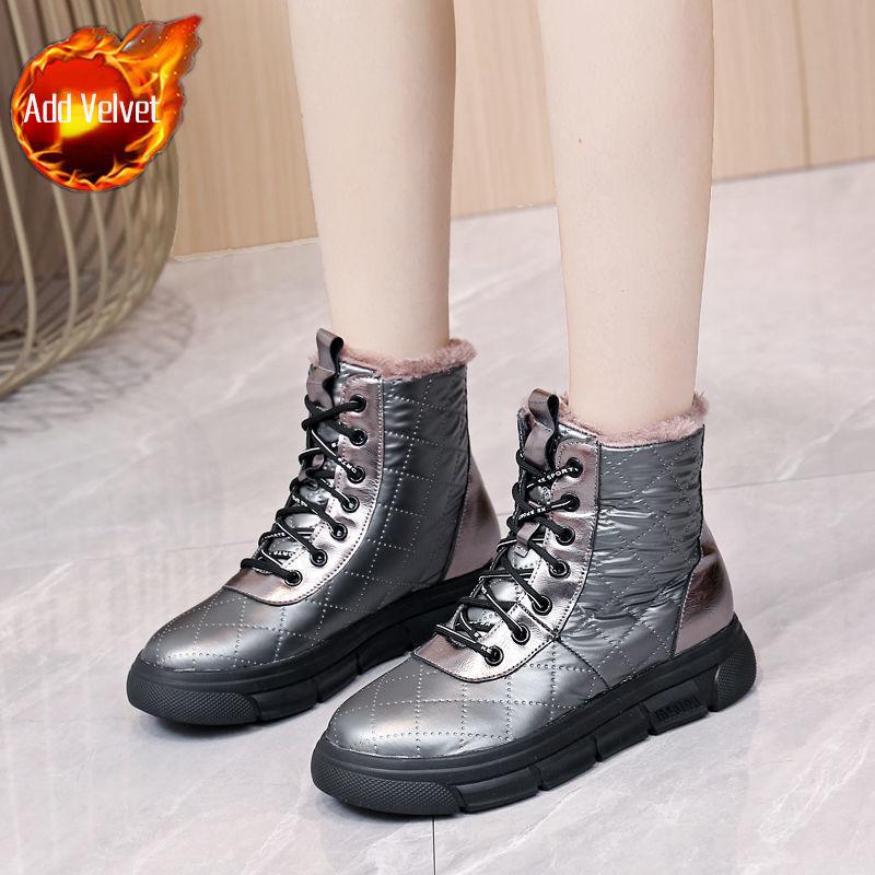 

Модная шнуровка, массивная подошва, женская обувь, зимние флисовые нескользящие женские сноубутсы, плюшевые, теплые, шикарные и элегантные, рабочие водонепроницаемые ботильоны 35