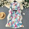 French retro light luxury high-end long-sleeved lapel single-breasted printed dress women's waist temperament big swing shirt skirt