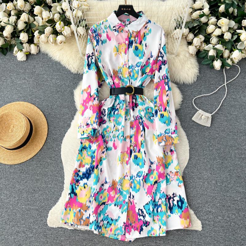 French retro light luxury high-end long-sleeved lapel single-breasted printed dress women's waist temperament big swing shirt skirt