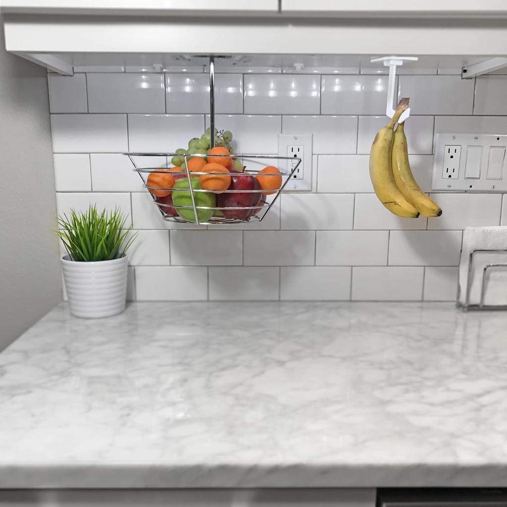 Banana Hanger - Under Cabinet Hook for Bananas or Other Lightweight Kitchen Items. Hook Folds-up When Not In Use. Self-Adhesive and Pre-drilled Holes