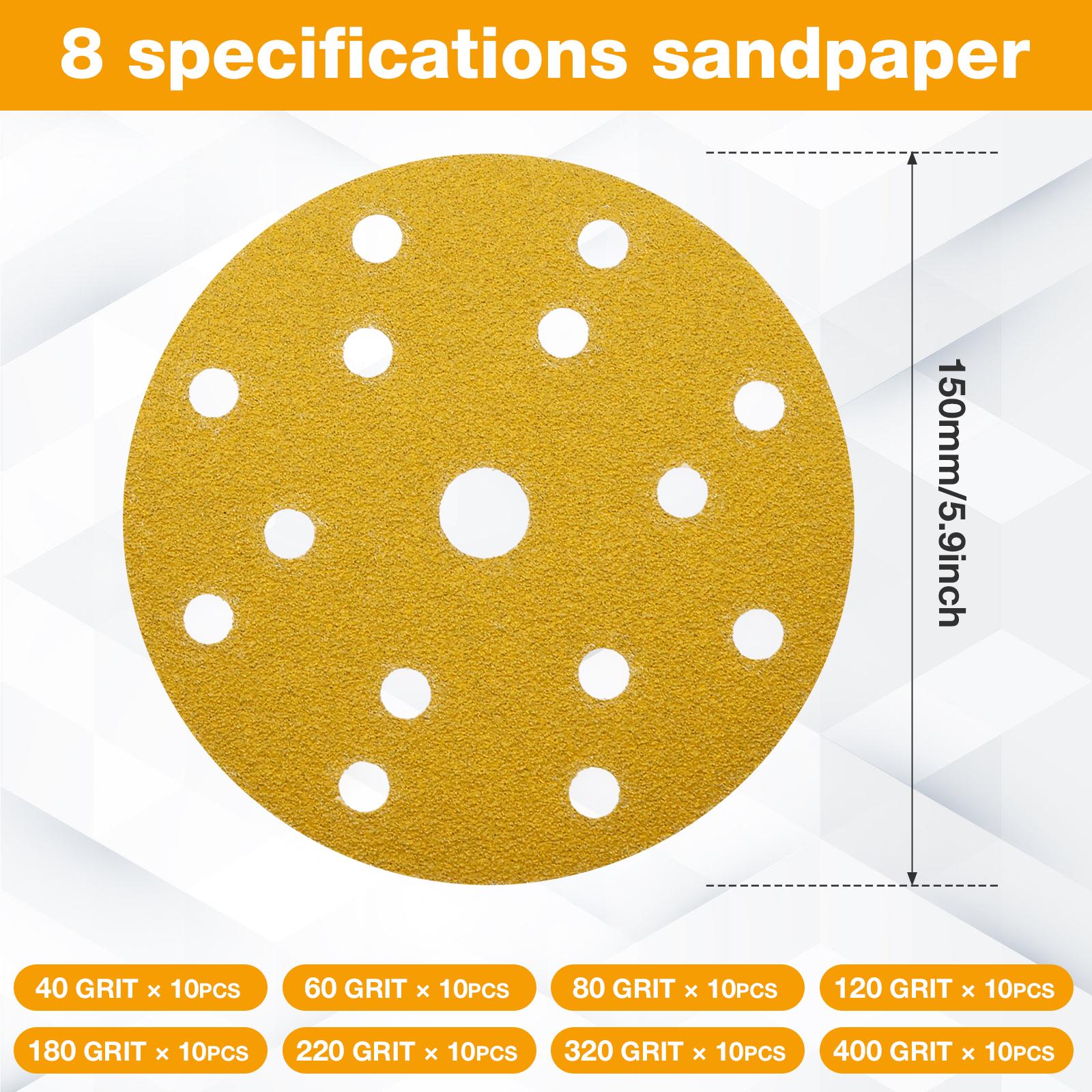 

80pcs 150mm Sandpaper 15 Hole Sanding Discs Set 40 60 80 120 180 220 320 400 Grit Round Hook and Loop Sandpaper for Woodworking 40-400grit