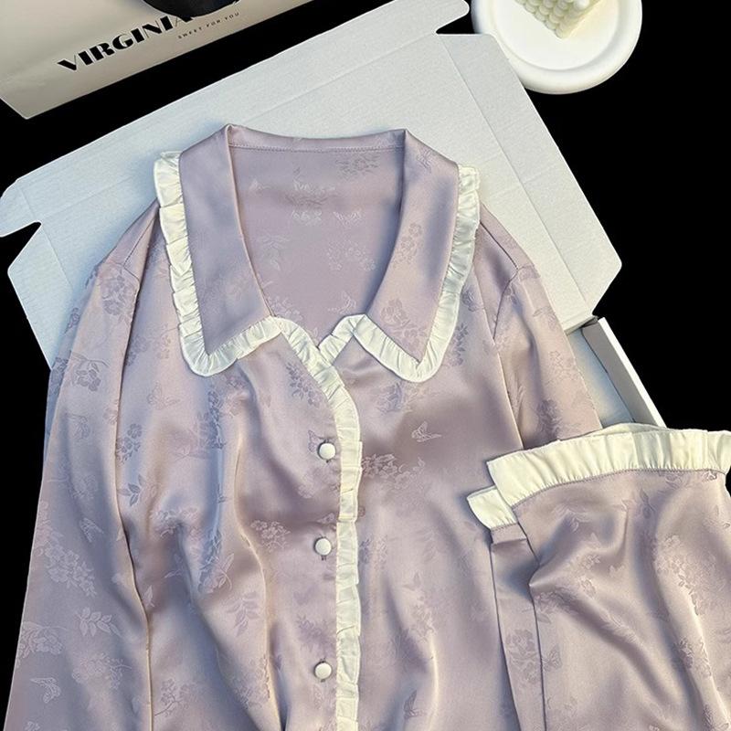 French Sweet Wind Floral Ice Silk Long-Sleeved Pajamas Women'S Spring And Autumn Ruffle Leaf Loungewear Set