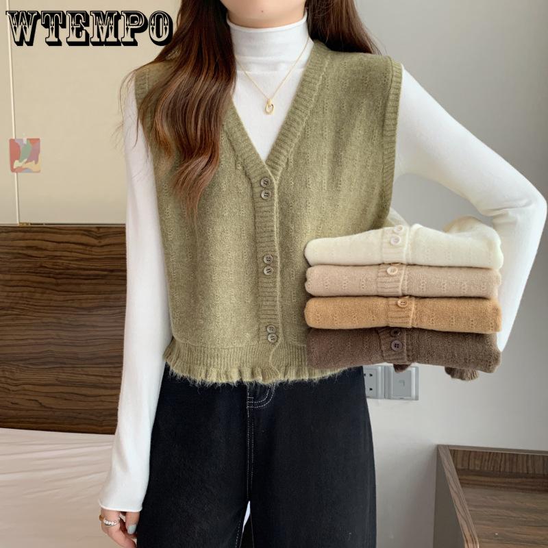 Women's Knitted Vest Outfit with Fungus Edge Hem Design V-neck Sweater Vest
