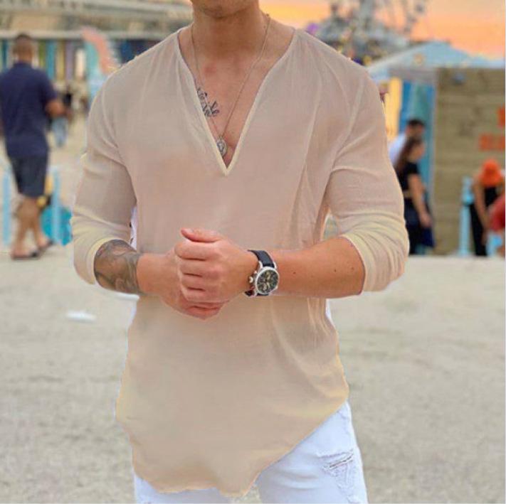 2025 European & American Men's V-neck Casual Solid T-shirt Fashion Trend