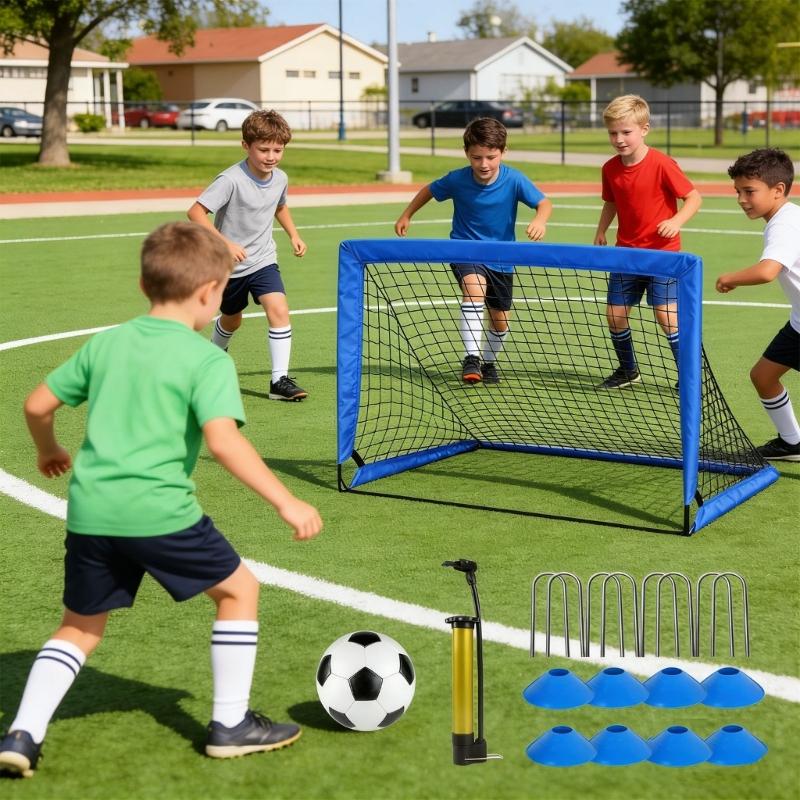Easy To Carry Football Net Set Including 2 Foldable Markers Ball And Inflation Device For Kids Outdoor Play