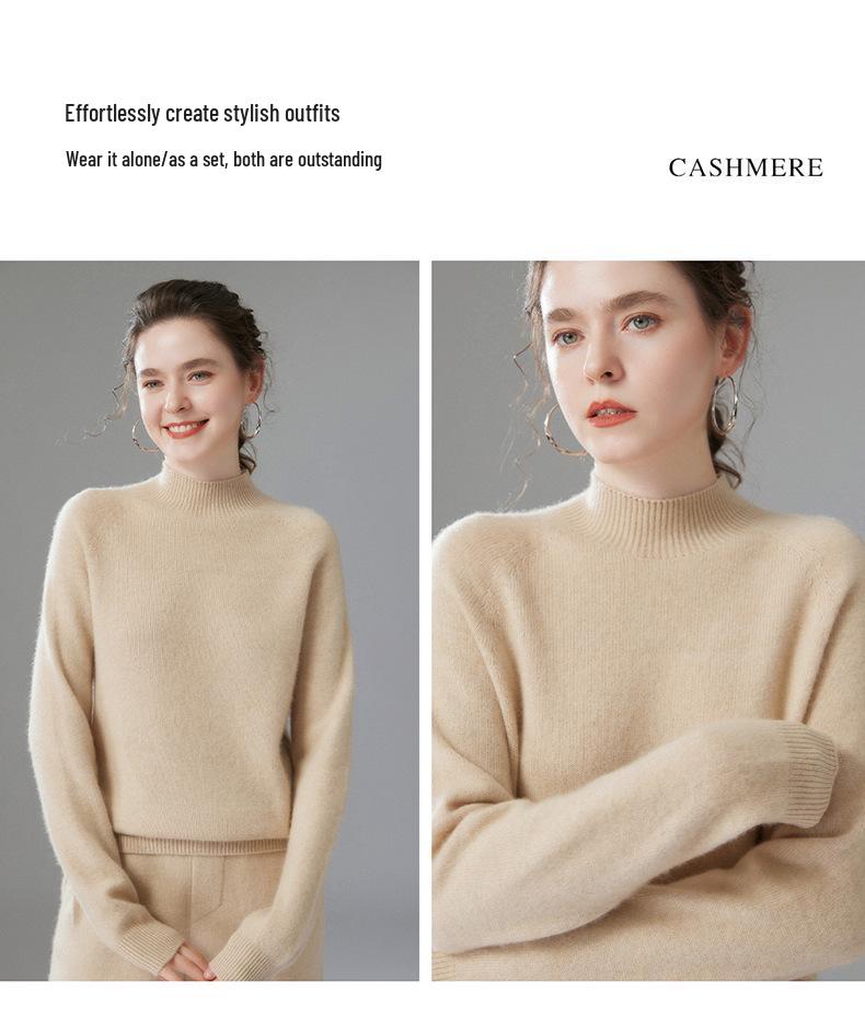 Women's High Neck Solid Color Cashmere Loose Pullover - Long Sleeve Casual Autumn/Winter Knit Sweater