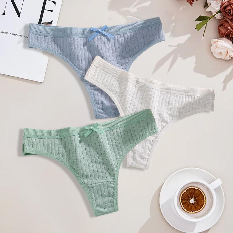Duży Rozmiar 3 Szt. Damskie Bawełniane Stringi Seksowne Prążkowane Oddychające Majtki Codzienna Urocza Bielizna z Kokardką Dziewczęca Niska Talia G-String Lingerie