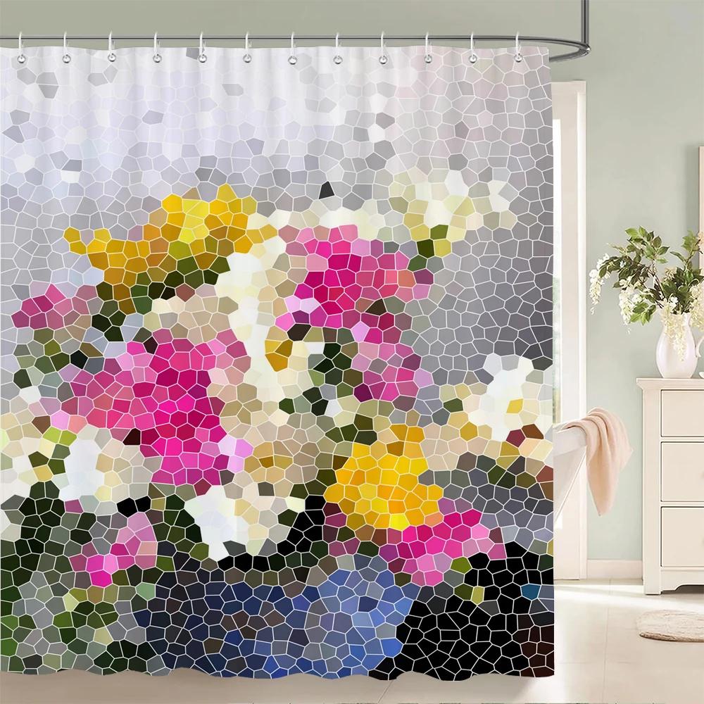 Gradient Marble Ink Texture Shower Curtain Waterproof Colorful Abstract Geometry Bath Curtain Bathroom Decor Curtain With Hooks