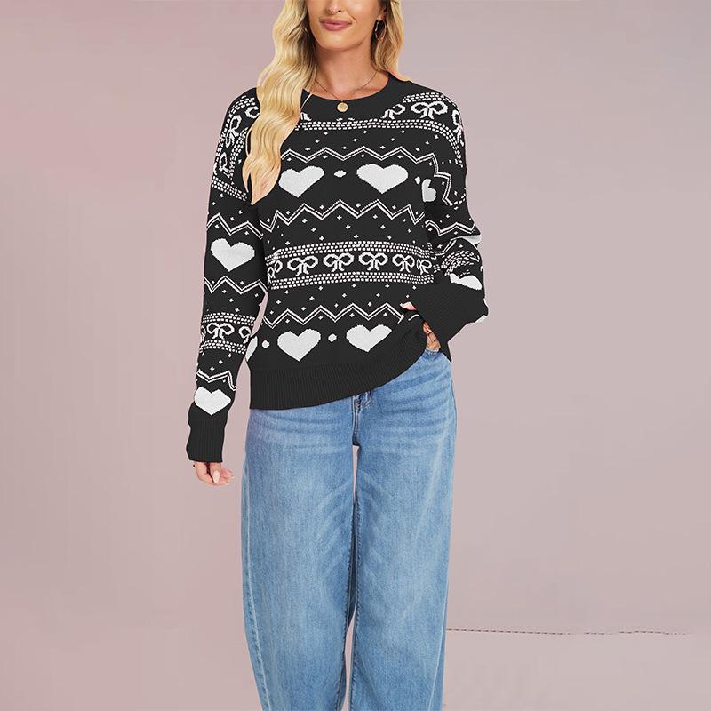 European & American Style Valentine's Heart Pattern Women's Casual Long Sleeve Knit Sweater