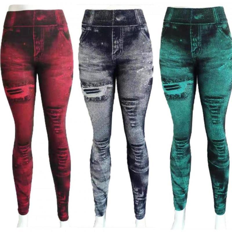 Schlanke Damen-Leggings, Faux-Denim-Jeans, hohe Taille, elastische Hosen, Push-Up-Hose