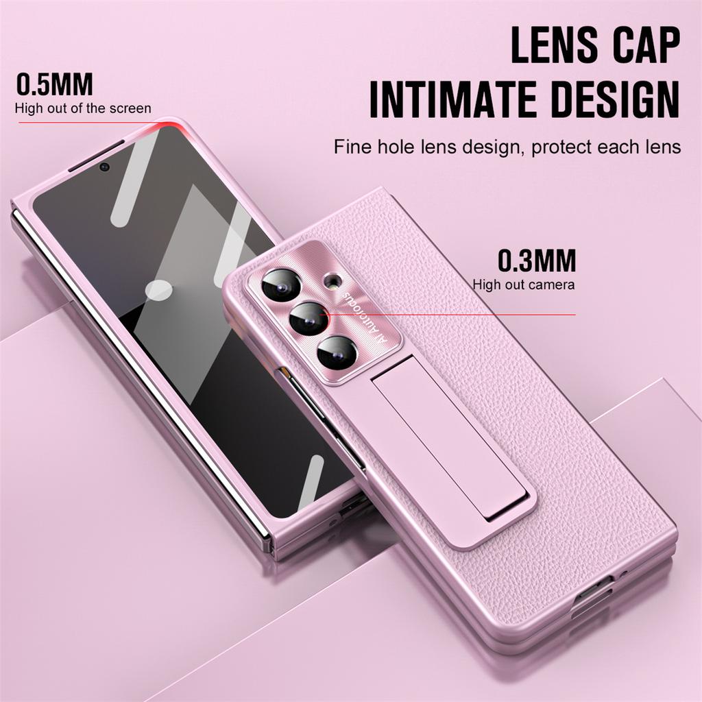 For Samsung Galaxy Z Fold7 5G Case Kickstand Leather+PC Phone Cover with Tempered Glass Film