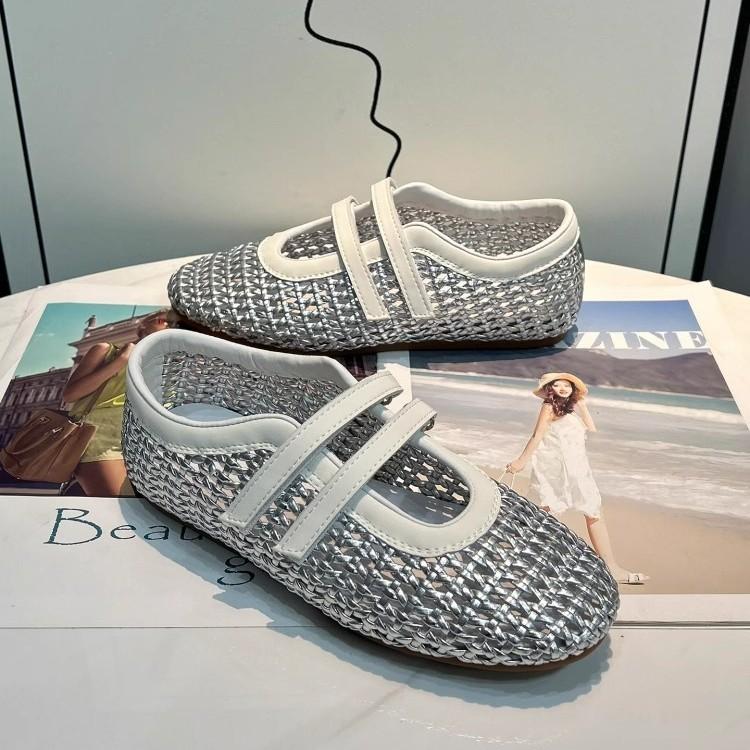 Woven Hollow Mary Jane Sandals Women's 2025 Summer New Mesh Breathable Velcro Shallow Mouth One Pedal Single Shoes