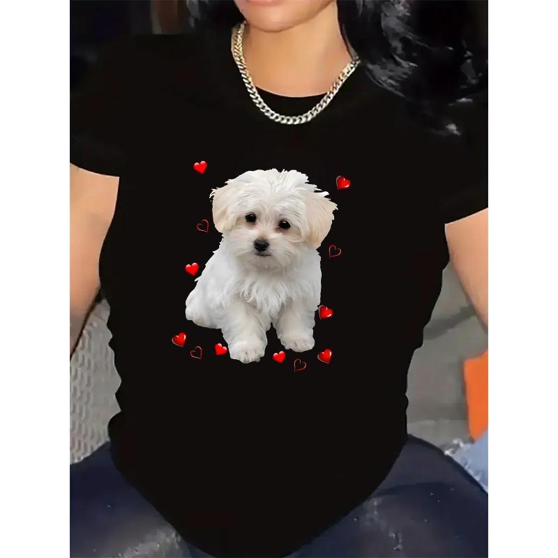 Women's Crew Neck T-Shirt Maltese Dog Print Red Hearts Casual Daily Short Sleeve Tee