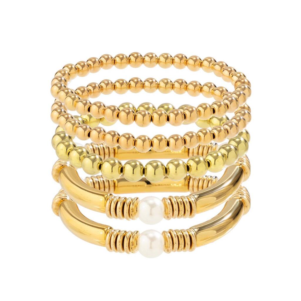 Retro Faux Pearl Metallic Bracelet Set: European & American Style, Simple Multi-Piece Beaded Designs