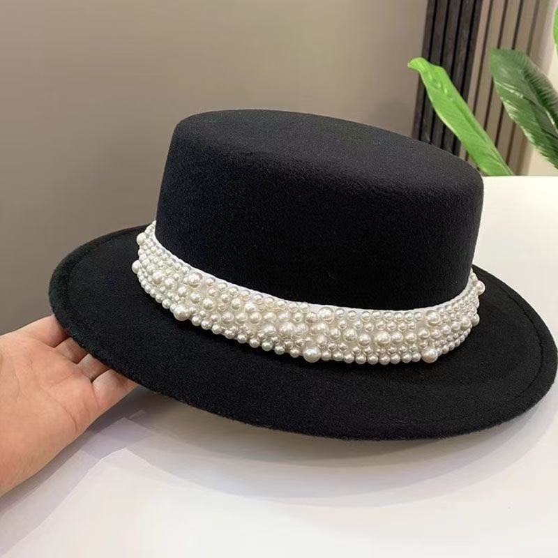 Celebrity Style Pearl Woolen Top Hat Female Autumn and Winter Elegant Fashion Retro Hepburn Style Flat Top Hat Autumn and Winter England