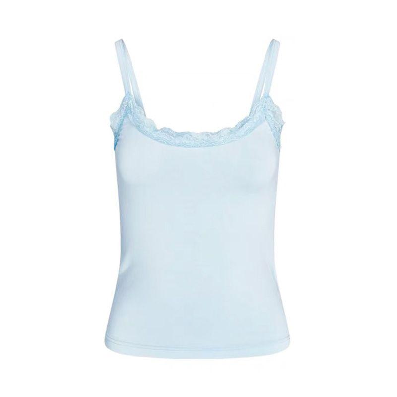 

Shemoda Lace Patchwork Flanging Pleated Suspender Blue Tops L