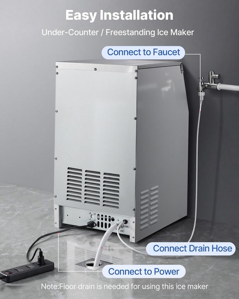 Commercial Ice Maker Machine, 73 kg/24h with 14 kg Storage Capacity, Built-in/Freestanding/Under Counter, Stainless Steel Ice Maker with LED Display &